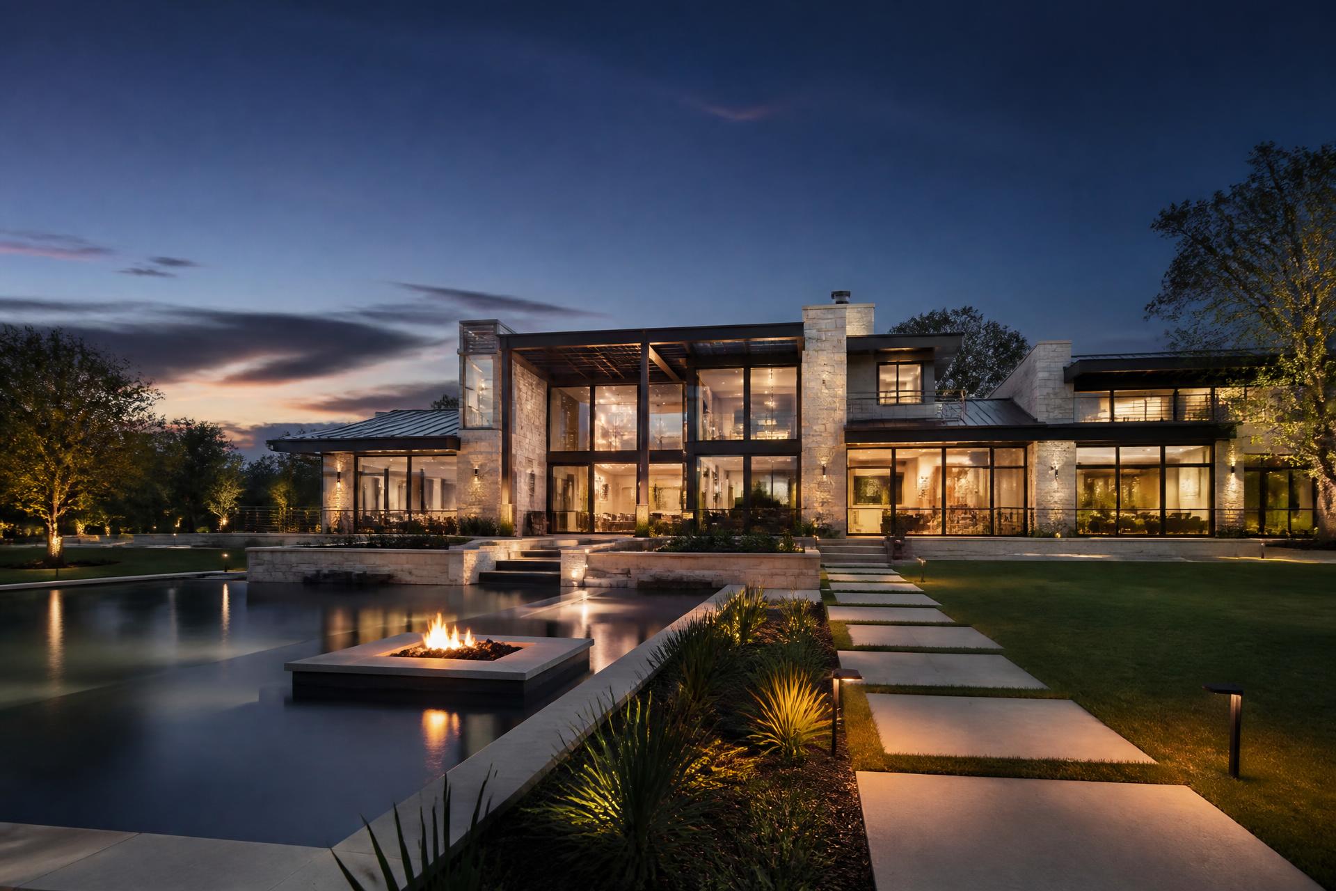 Luxury Dallas–Fort Worth custom home at dusk